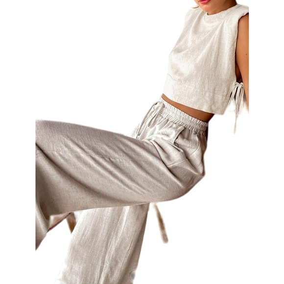 Commense Other - Commense Women's XL Khaki Linen Two Piece Short Sleeve Wide Leg Pants Set